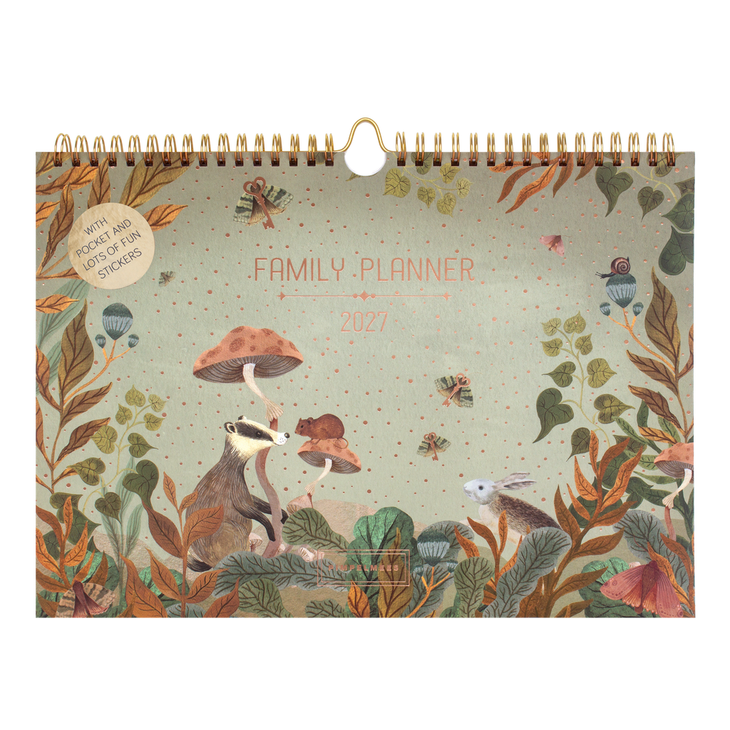 Pimpelmees Magical Forest family planner 2027 badger grassy green