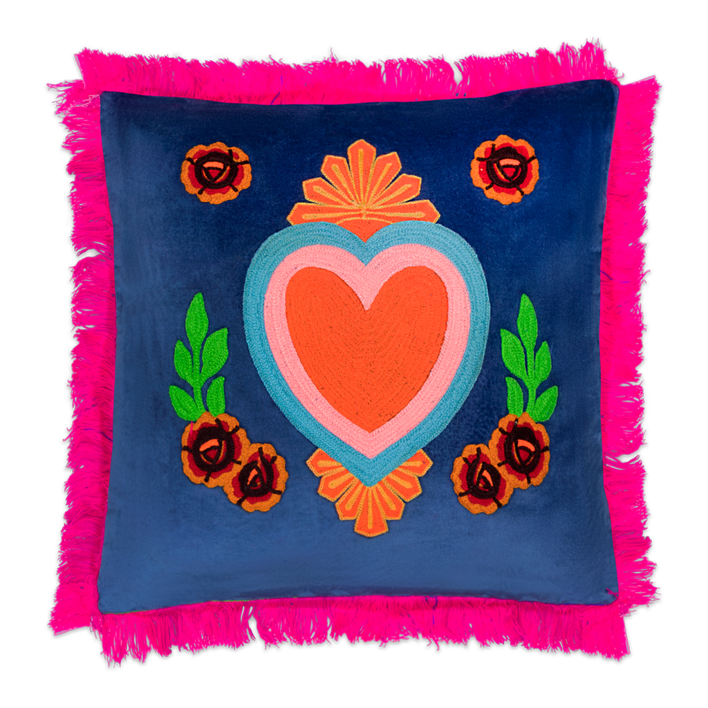 Kitsch Kitchen kussen Milagro hart donker-blauw franjes