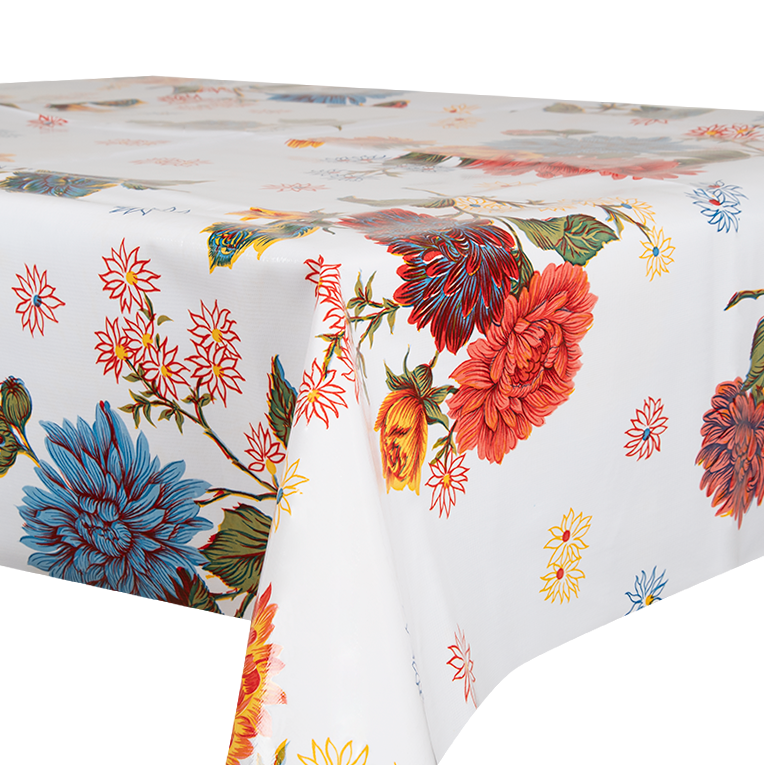 Kitsch Kitchen tafelzeil Crisantemos wit (1,20x11m)