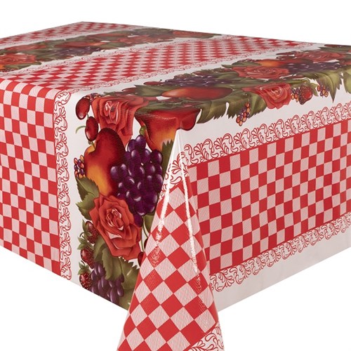 Kitsch Kitchen tafelzeil Check & Fruit rood (1,20x11m)