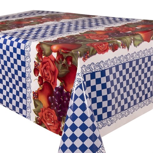 Kitsch Kitchen tafelzeil Check & Fruit blauw (1,20x11m)