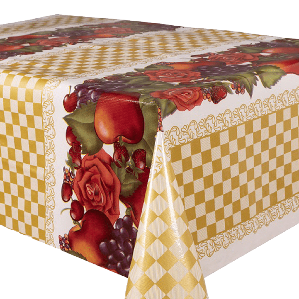 Kitsch Kitchen tafelzeil Check & Fruit goud (1,20x11m)