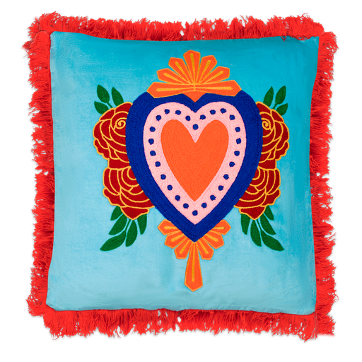 [HD0703] Kitsch Kitchen cushion Milagro heart light blue fringes