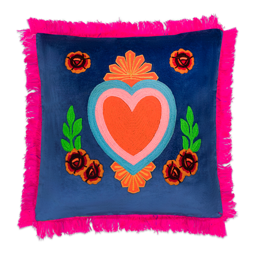 [HD0705] Kitsch Kitchen kussen Milagro hart donker-blauw franjes