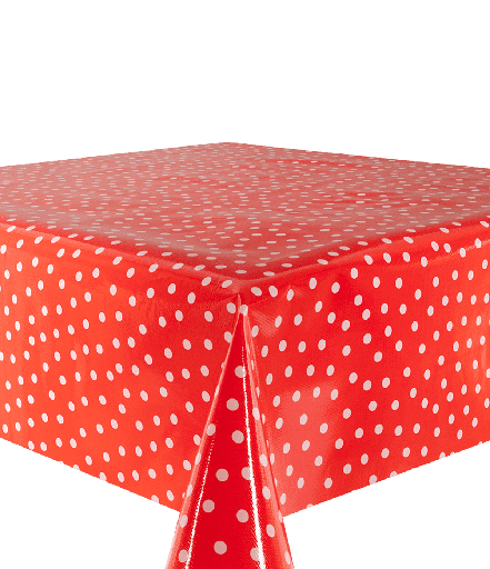 [TZ0067] Kitsch Kitchen tafelzeil Lunares wit op rood (1,20x11m)